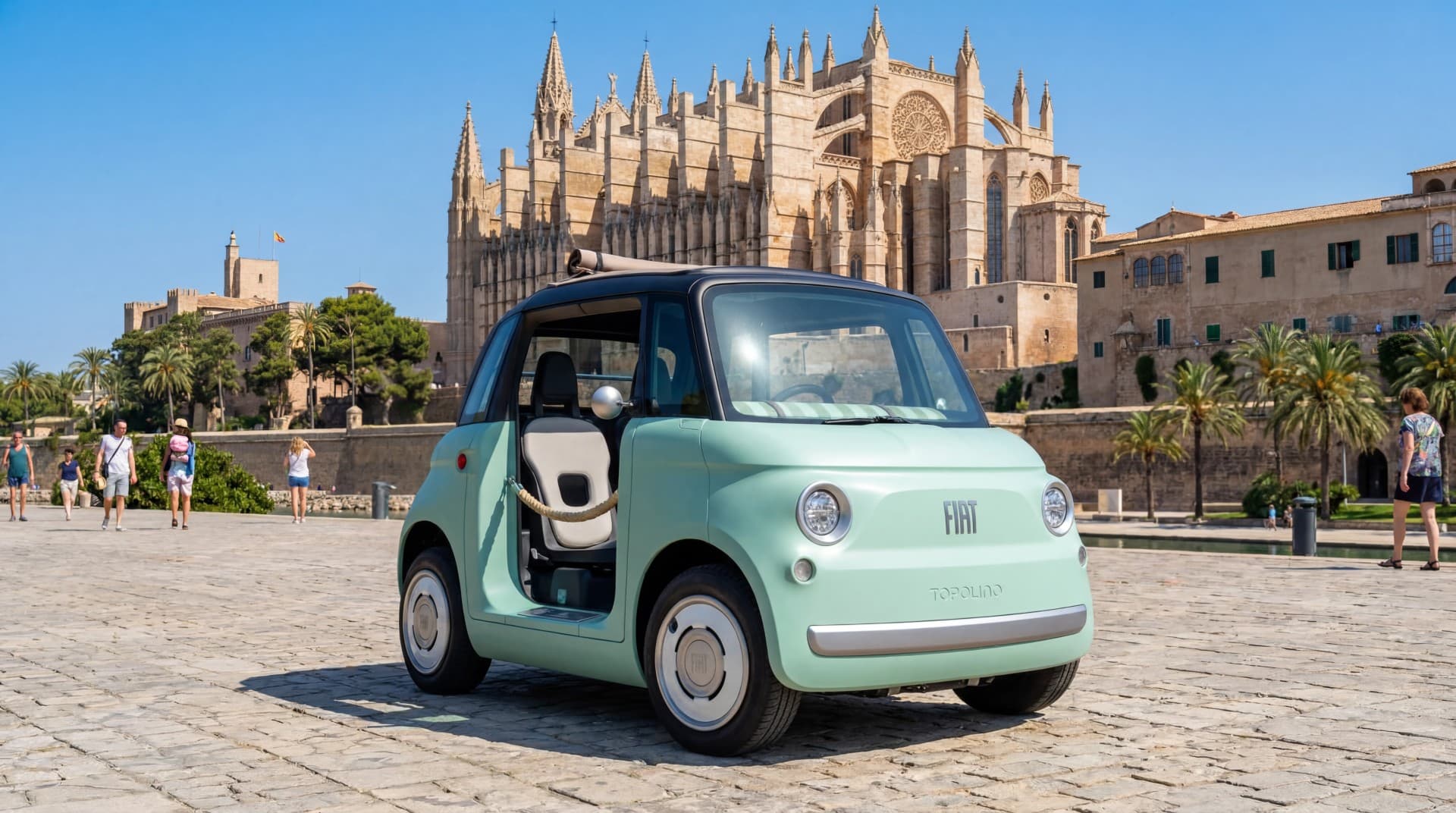 Fiat Topolino eléctrico aparcado frente a la bahía de Palma de Mallorca al atardecer